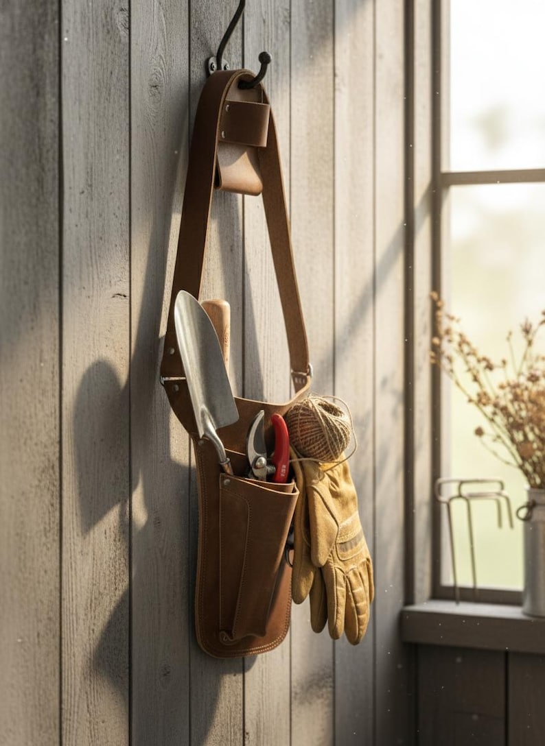 May include: A tan leather gardening tool belt hanging from a hook, featuring multiple pockets containing a metal hand trowel, red-handled pruning shears, a ball of twine, and a pair of tan leather work gloves tucked into the side.