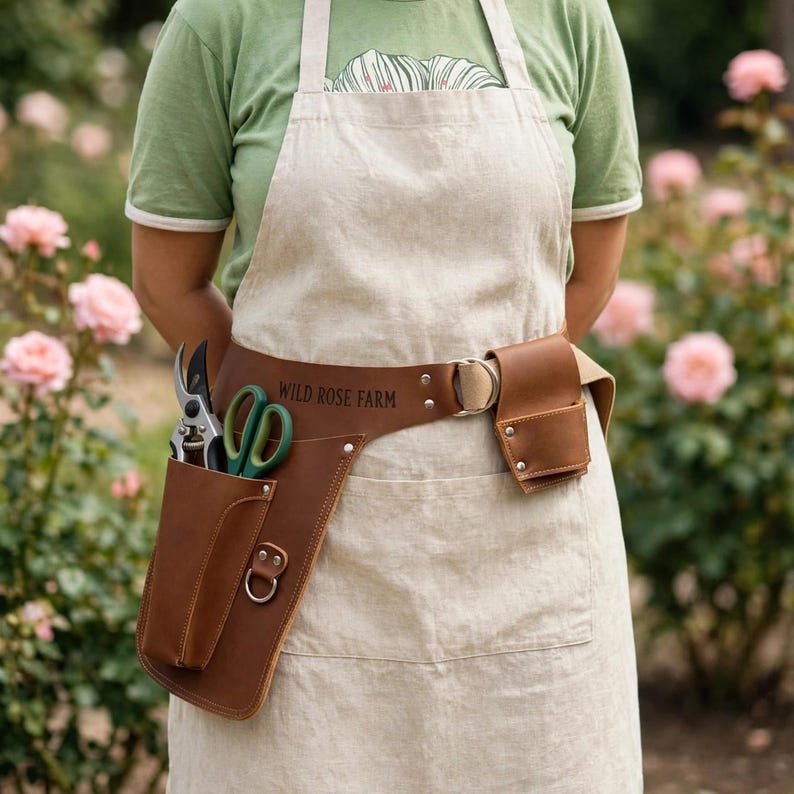 May include: A tan linen apron worn over a green t-shirt, featuring a brown leather tool belt with the text WILD ROSE FARM embossed on it. The belt includes a holster holding metal pruning shears and green scissors, plus a small leather pouch.
