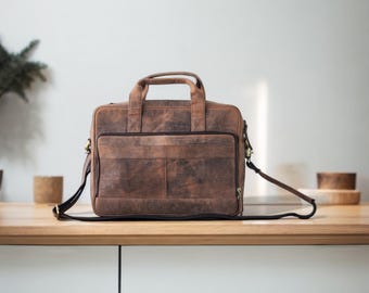 Personalized Leather Laptop Bag for Men, Handmade Messenger Bag, 16 Inch Leather Briefcase Laptop Satchel, Gift for Him