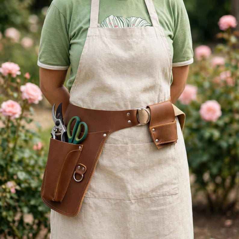 May include: A beige linen apron worn over a green t-shirt, featuring a brown leather tool belt with a large holster containing green-handled shears and a smaller leather pouch attached to the side with a metal ring and silver rivets.