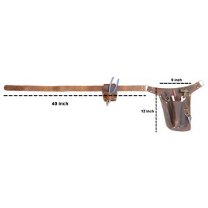 May include: A brown leather tool belt featuring a 40-inch long strap, a small pouch holding blue-handled pliers, and a larger 9-inch by 12-inch pocket section containing a wrench, a hammer, a pencil, and a metal ring with keys attached.