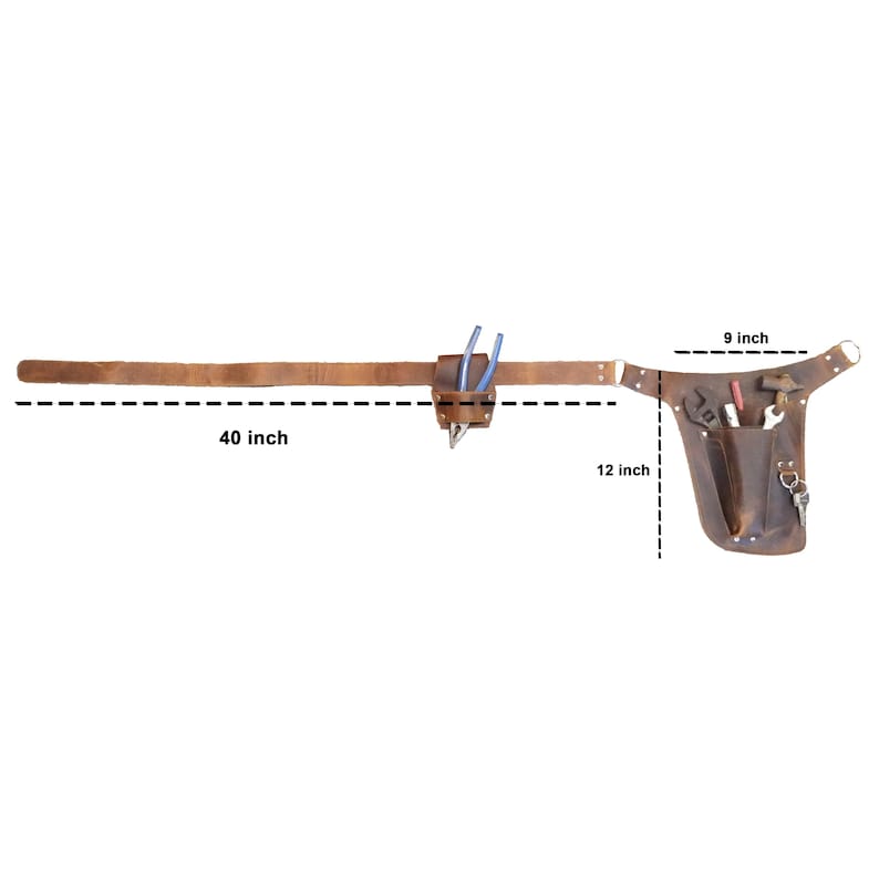 May include: A brown leather tool belt featuring a 40-inch long strap, a small pouch holding blue-handled pliers, and a larger 9-inch by 12-inch pocket section containing a wrench, a hammer, a pencil, and a metal ring with keys attached.