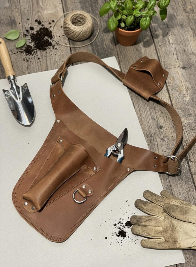 May include: A brown leather gardening tool belt featuring multiple pockets, a metal D-ring, and an adjustable strap. The belt is designed to hold various gardening implements, with a pair of pruning shears tucked into one of the main storage slots.
