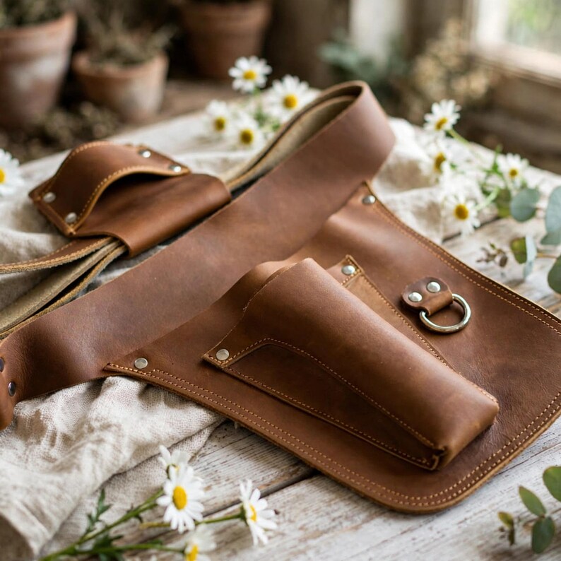 May include: A brown leather tool belt featuring multiple pockets, reinforced silver-tone metal rivets, and a circular metal ring attachment. The belt is constructed from smooth, matte-finish leather with visible stitching along the edges and pockets.