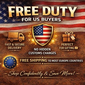 May include: A graphic banner featuring the American flag background with the text FREE DUTY FOR US BUYERS, FAST & SECURE DELIVERY, NO HIDDEN CUSTOMS CHARGES, PERFECT FOR GIFTING, FREE SHIPPING TO MOST EUROPE COUNTRIES, and Shop Confidently & Save More!