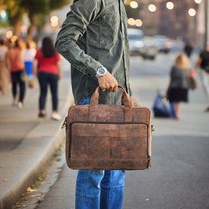 Bolso para portátil de piel Buff de 12 x 16 pulgadas: bolso de trabajo personalizado con compartimentos, maletín personalizado para hombre y mujer, bolso de negocios profesional