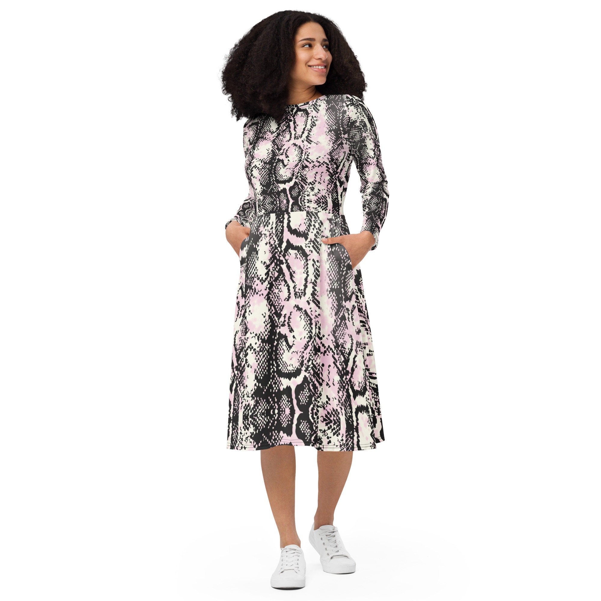 long sleeve snake print midi dress Snake Print Wrap Midi Dress