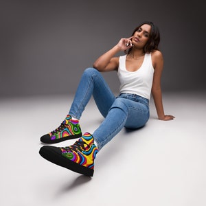 Vibrant Spectrum: Women&#39;s High Top Canvas Shoes with Unique Multicolored Bold Design