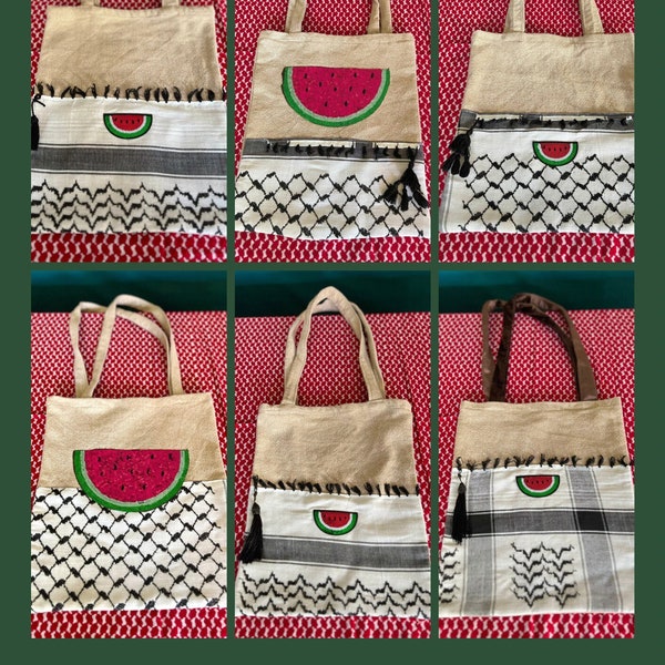 Keffiyeh-kufiya-Pailletten, Palästina-Wassermelone und Quasten an den Details. Handgefertigte Tragetasche aus Öko-Baumwolle – Umhängetasche/Sack/Shopper/Beutel/Tragetasche aus Segeltuch