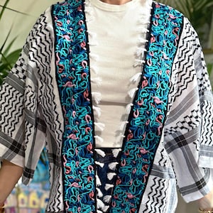 Cotton Handmade Keffiyeh Shemagh Short Jacket Tunic Kimono Blazer Arabic Calligraphy Embroidery Patchwork Boho Modest Layer Festival Unisex