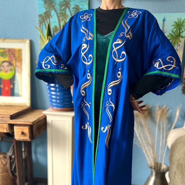 Blue Ramadan Eid abaya/kimono/kaftan/long evening Iraq-Dubai dress/robe/poncho/coat/jacket/tunic-embroidery calligraphy letters,women gift