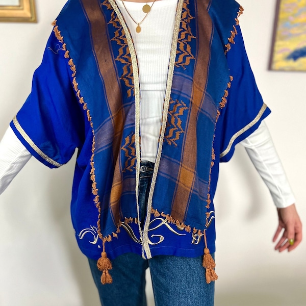 Blue Gilet-waistcoat-abaya-jacket-kimono-poncho-tunic-robe-coat-mantle.Arabic calligraphy letters embroidered,tassels,ruffles,keffiyeh print