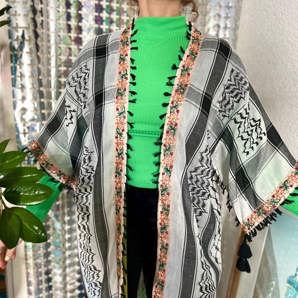 Flower details on Arabic-Palestine-Iraq print, keffiyeh/shemagh/kufiya- ruffles tassels embroidery, Waistcoat/abaya/jacket/gilet/robe/kimono