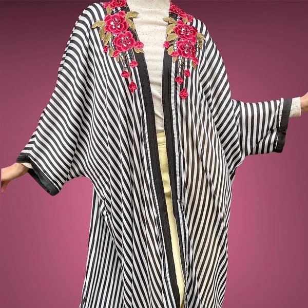 B/w stripes n colorful flowers.Handmade Arabic-Iraqi fashion stylish, women abaya-kaftan-robe-coat-jacket -kimono- waistcoat- Dubai dress