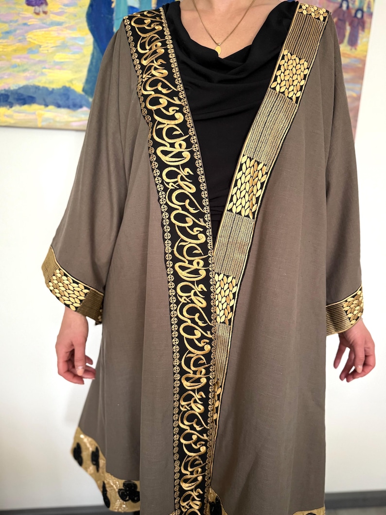 Arabic Letters Calligraphy Embroidery Linen Abaya Dress Kaftan Jacket ...