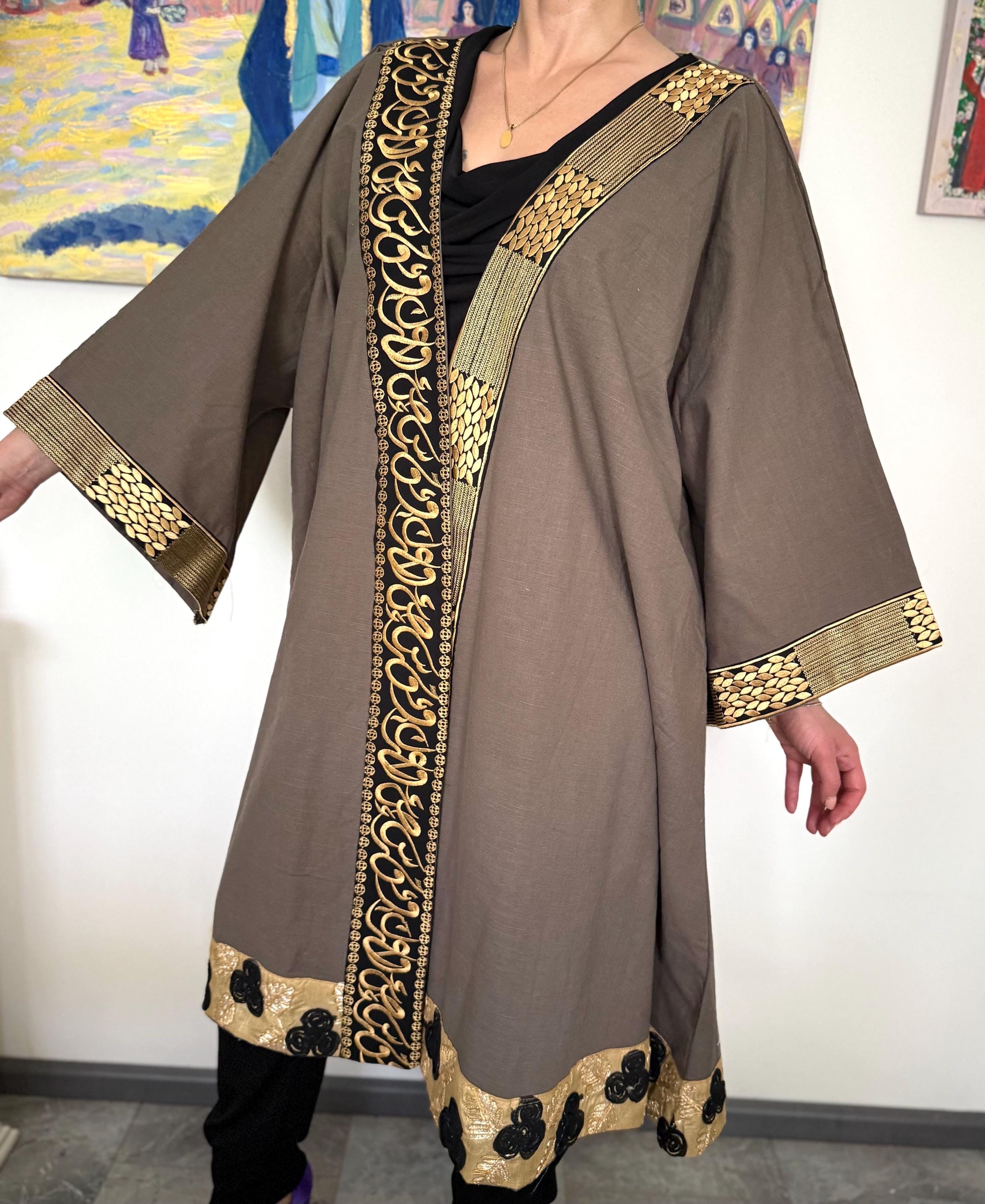 Arabic Letters Calligraphy Embroidery Linen Abaya Dress Kaftan Jacket ...