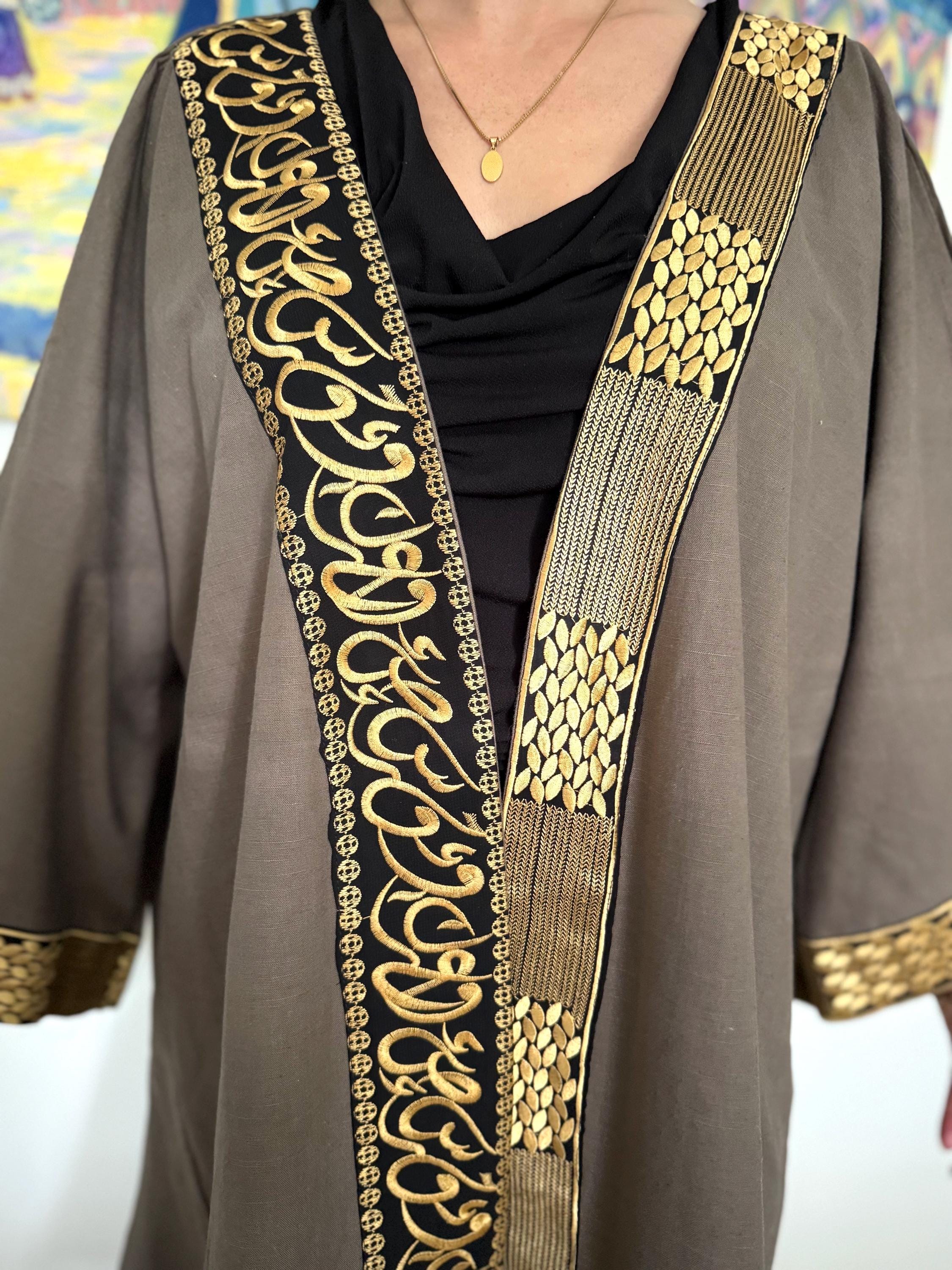 Arabic Letters Calligraphy Embroidery Linen Abaya Dress Kaftan Jacket ...