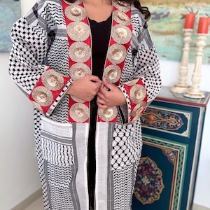 Handmade Arabic Keffiyeh Shemagh Patchwork Maxi Abaya Kaftan Kimono Waistcoat Gilet Long Tunic Pockets Embroidery Modest Fashion Hippy Boho