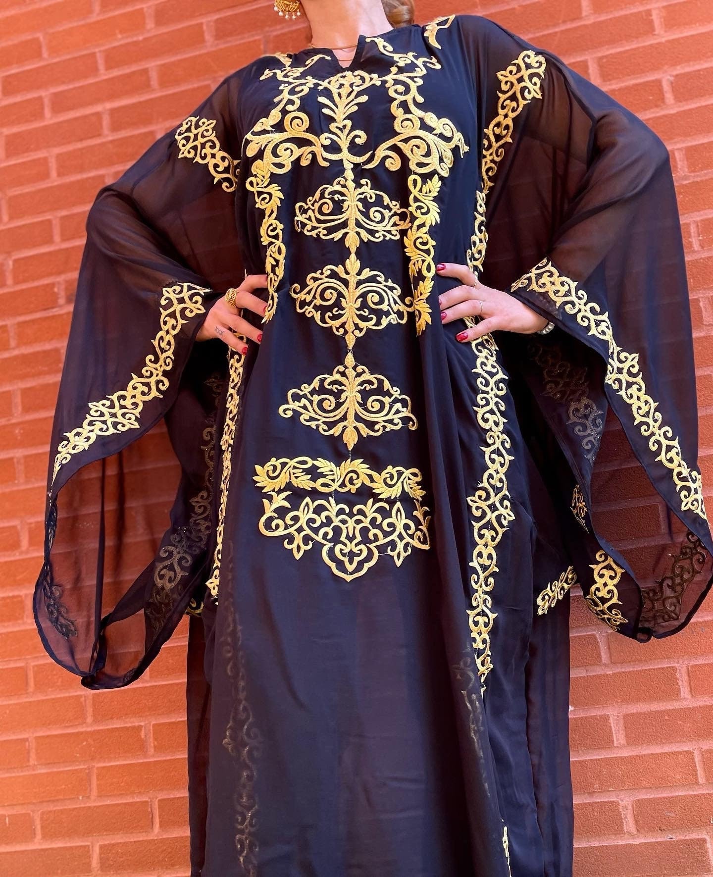 Handmade Arabic/ Iraqi Hashmi.black Chiffon With Golden Trims image