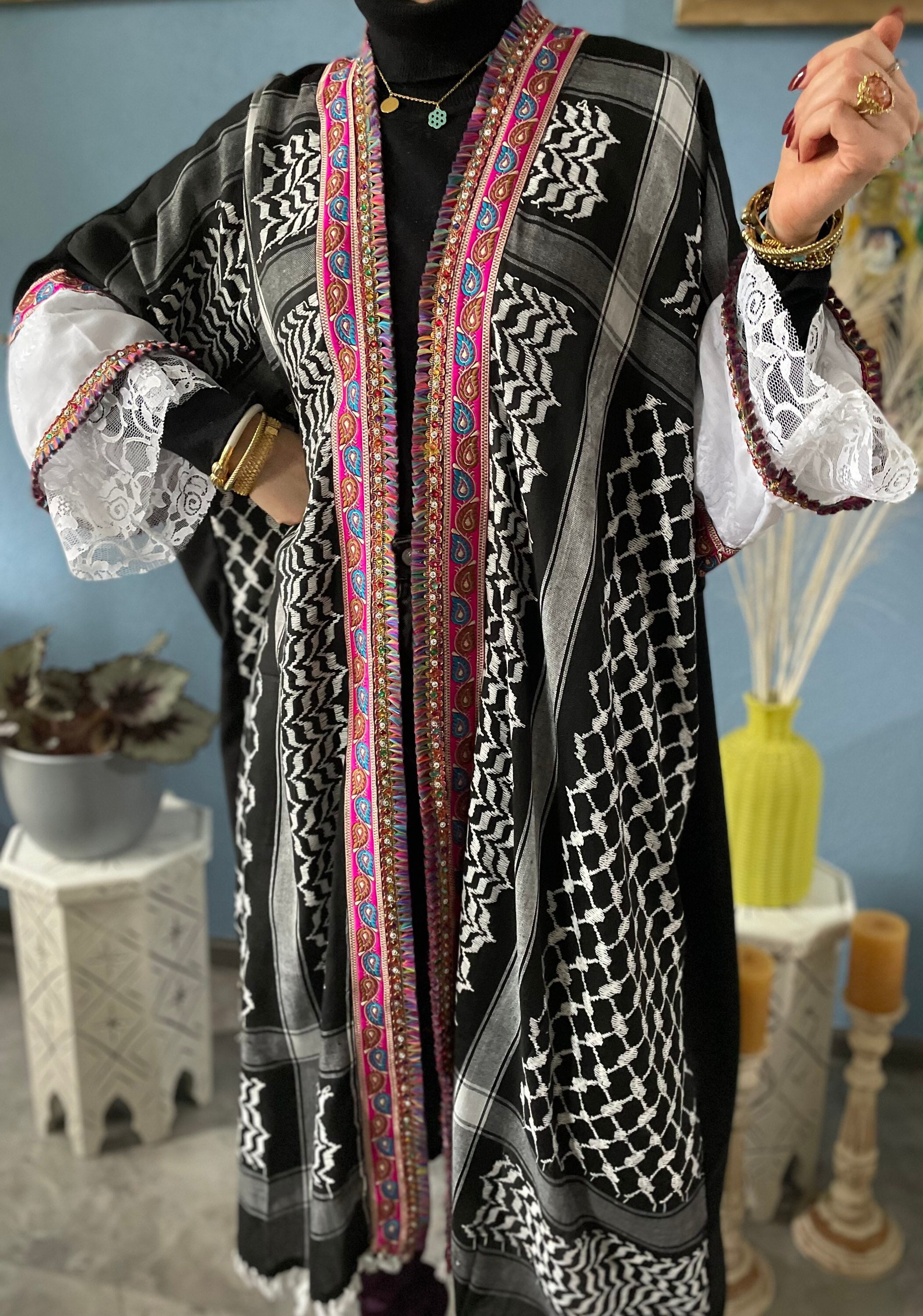 Arabic Fusion Abaya kaftan kimono robe Long Jacket. Handmade of
