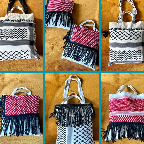 Keffiyeh patchwork, leather tassels, pompoms, ruffles, embroidery. Handmade eco cotton tote-canvas shoulder bag/sack/shopper/pouch/carrier.
