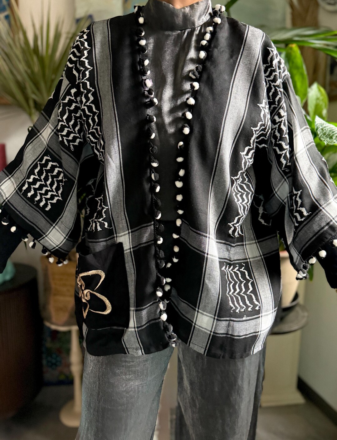 Keffiyeh Cotton Jacket Pompon Waistcoat Blazer Tunic Gilet Black ...
