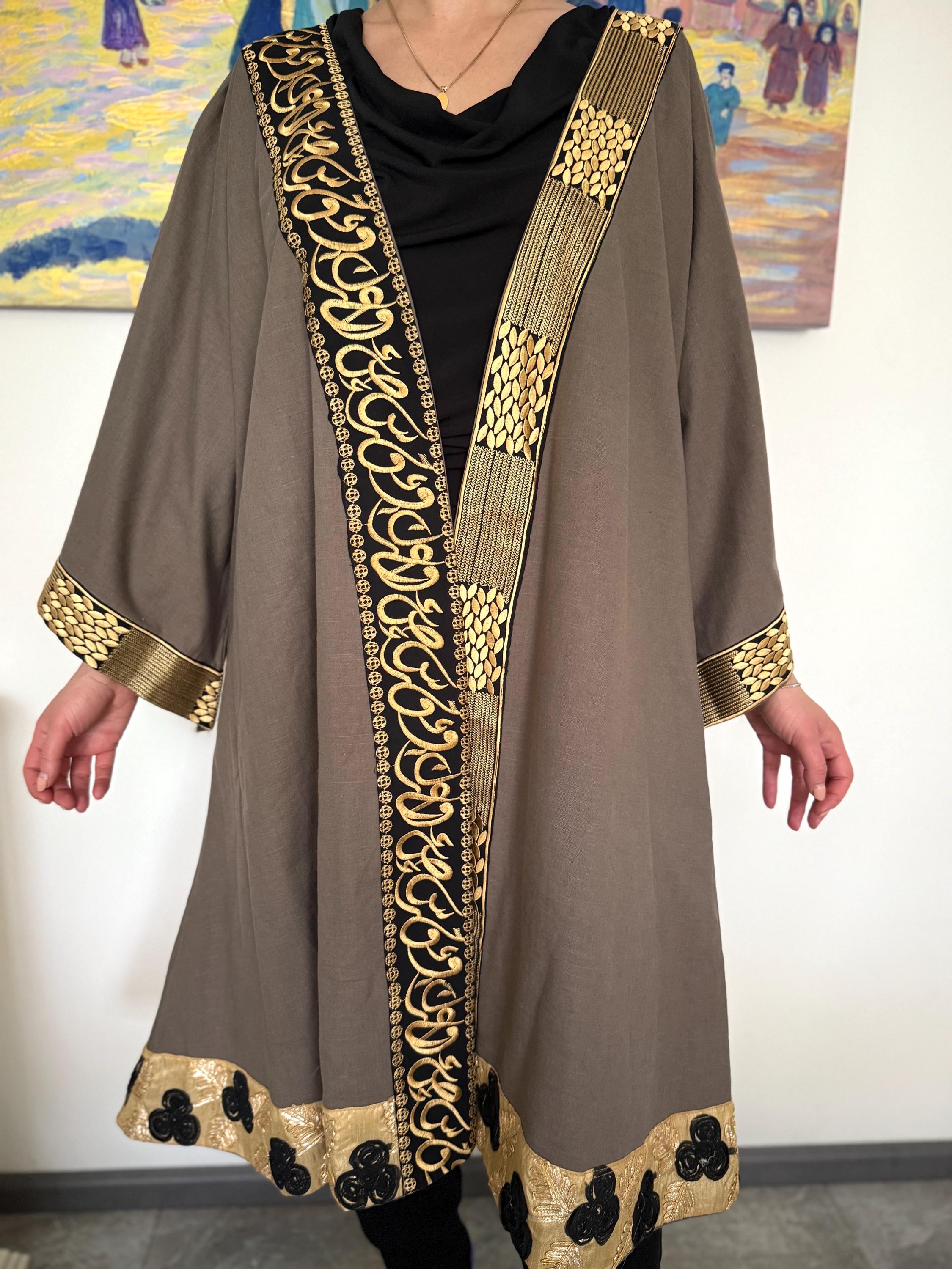 Arabic Letters Calligraphy Embroidery Linen Abaya Dress Kaftan Jacket ...