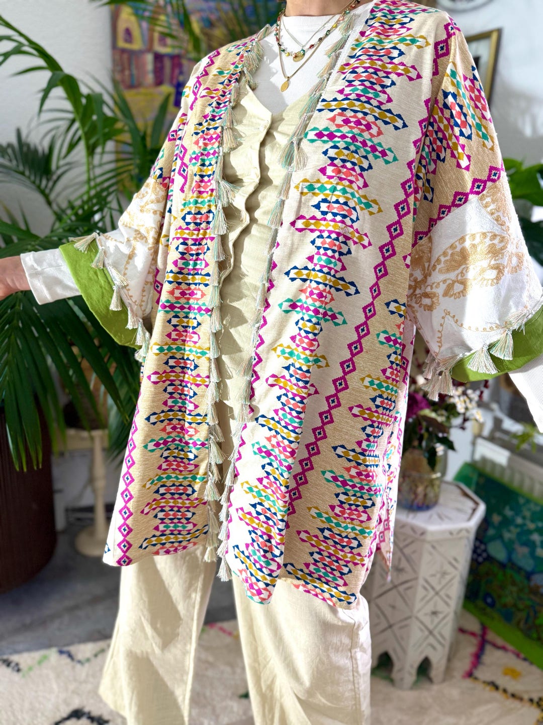 Colorful Embroidered Cotton Abaya Jacket Gilet Blazer Pastel Tassels ...
