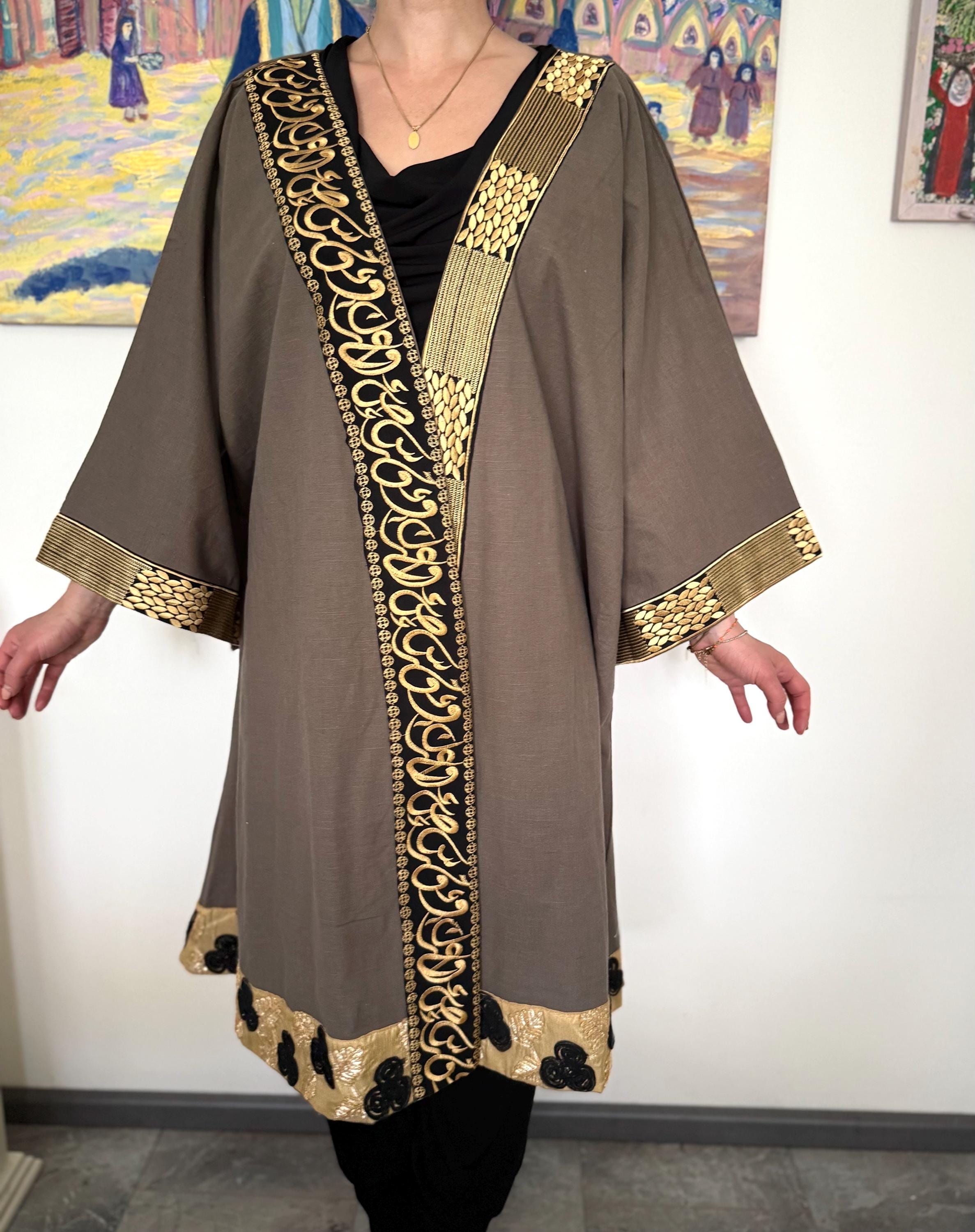 Arabic Letters Calligraphy Embroidery Linen Abaya Dress Kaftan Jacket ...