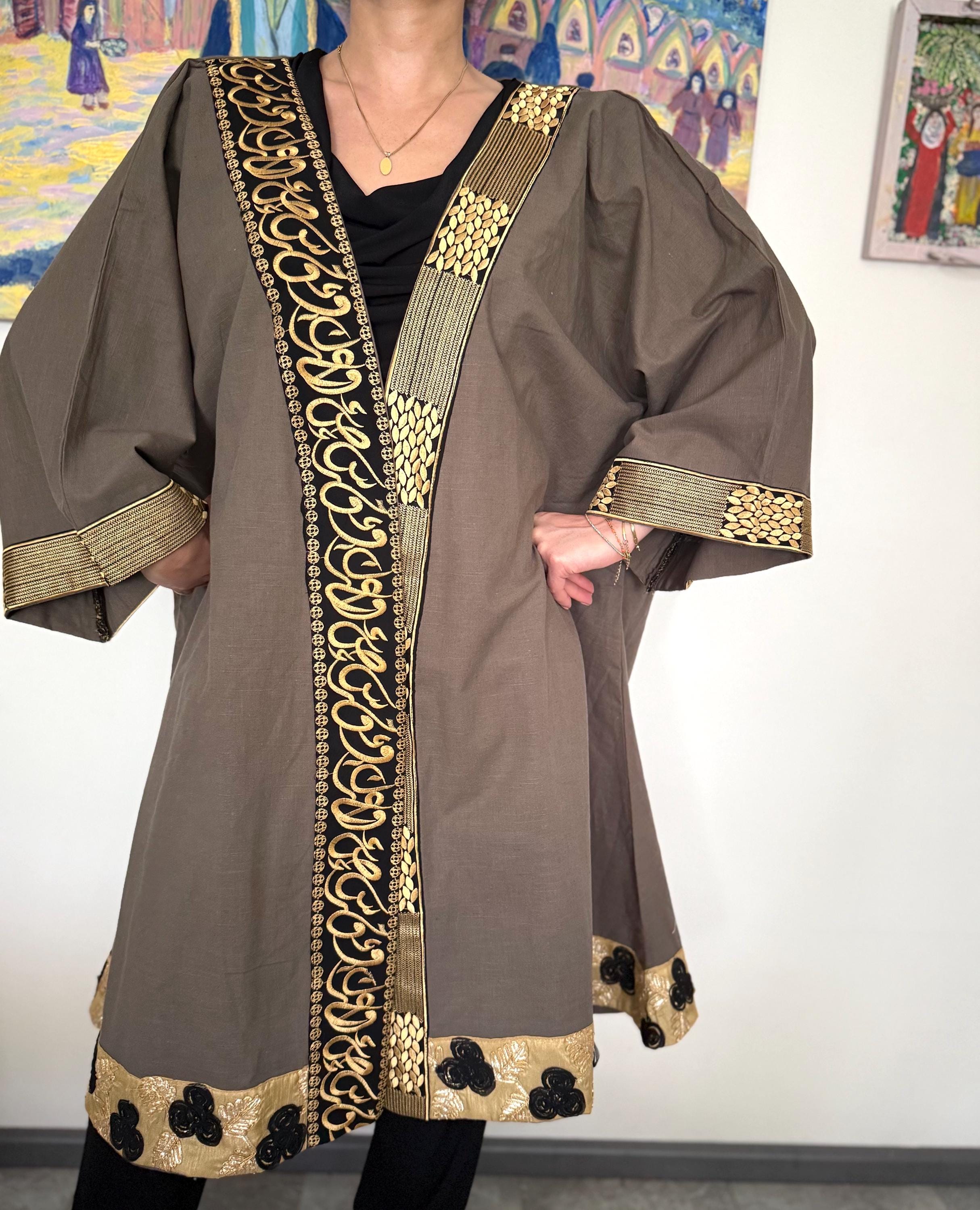 Arabic Letters Calligraphy Embroidery Linen Abaya Dress Kaftan Jacket ...