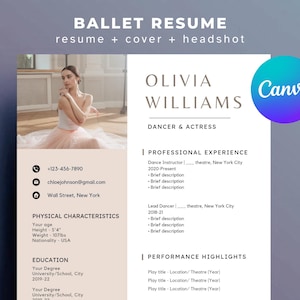 Plantilla de currículum de ballet Canva Plantilla de currículum de audición de bailarina Plantilla de currículum de teatro Audiciones de danza Currículum de bailarina profesional Foto de rostro y carta de presentación