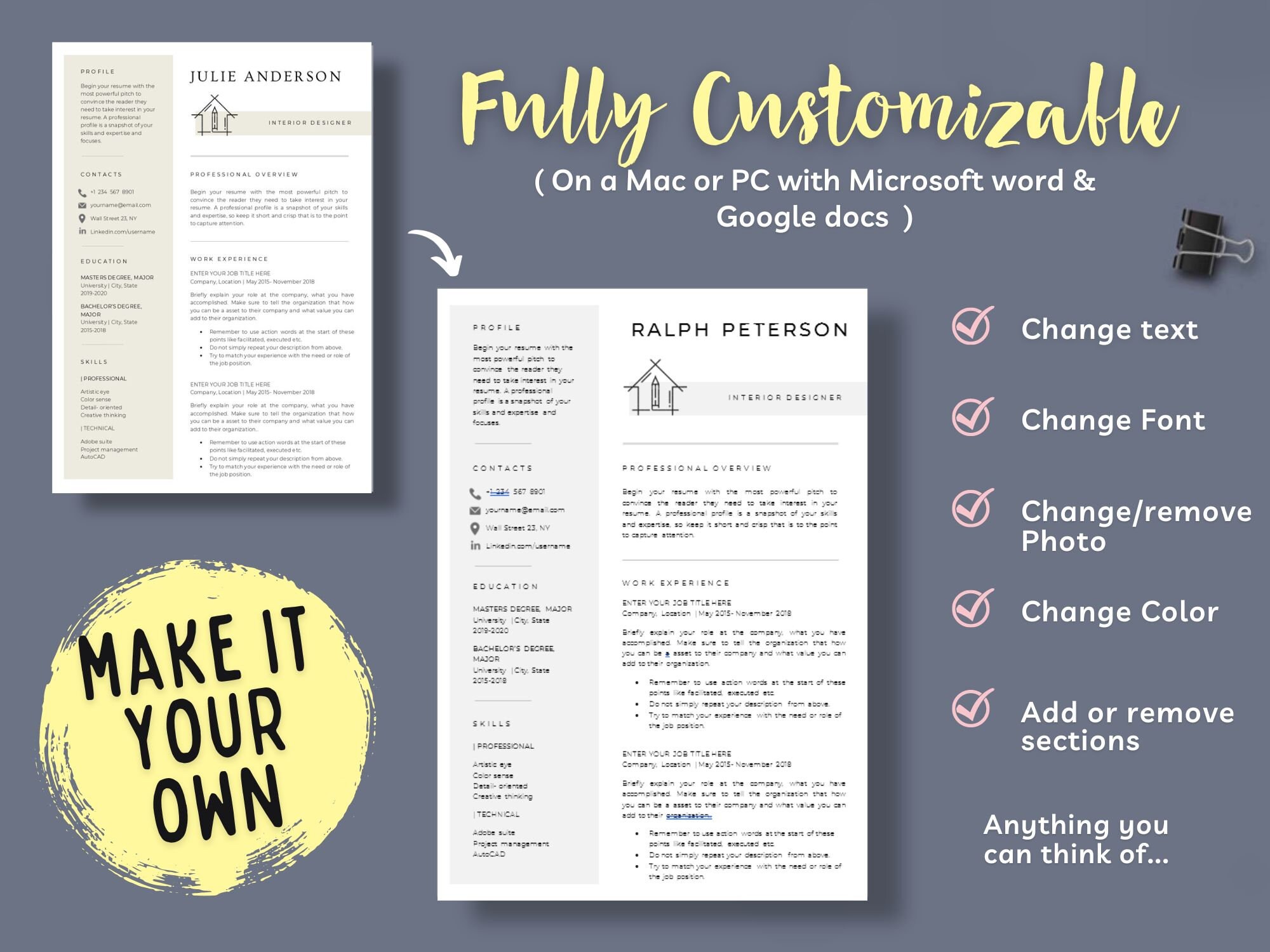 Interior Designer Resume Template Word Google Docs Etsy