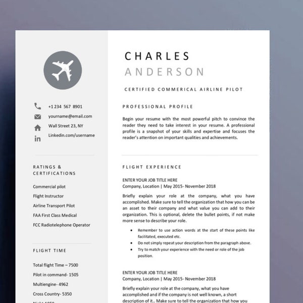 Pilot Resume Template for Aviation, Flight Attendant Crew | Pilot Aviation Professional Resume Template Word, Google Docs, cv template pilot