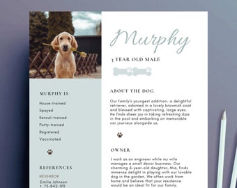 Pet Resume Rental Application template | CANVA | Pet application form for rental - Dog / Cat, Renting pet bio, Dog Resume cv, Pet Profile