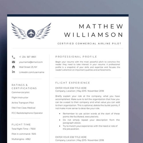 Pilot Resume Template for Aviation Flight Attendant Crew Etsy