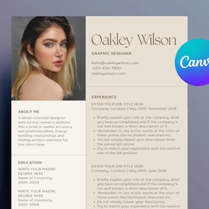 Modern Resume Template Canva Creative CV With Photo Aesthetic resume design Editable Minimalist canva Resume template Cover Letter canva