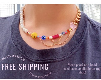 Pink crystal beaded necklace clear stone pendant free shipping !