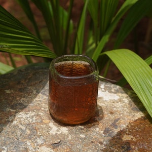 Upcycled Old Monk Handcrafted Rum Bottle Cocktail Glasses: Wide-mouthed and clear, perfect for your drinks. (Set of 2)