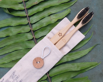Bamboo Toothbrush with Handmade Pouch, Charcoal Bristles, Vegan Eco Friendly
