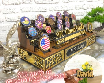Military coin display extra large, With 2 drawers for extra coin display and storage, Custom challenge coin holder, Army gifts