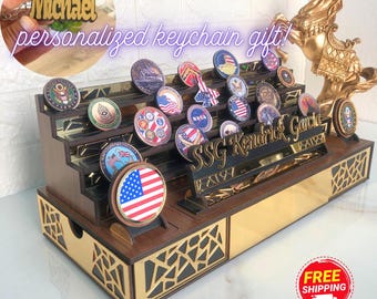 Personalized Double Drawer Challenge Coin Display, Coin Organizer Stand, Challenge Coin Collection Display, Army Veteran Gift, retired gift