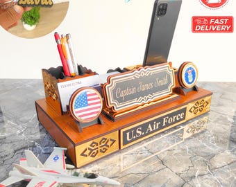 U.S. Army & Air Force Custom Desk Name Plate, All-in-One Personalized Name Sign for Desk, Gift for soldiers