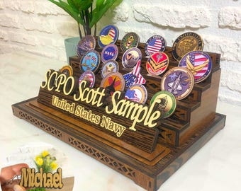 Personalized Military Coin Display, Wood Challenge Coin Case, Custom Challenge Holder, 4 Rows Challenge Coin Stand, Gift for Army
