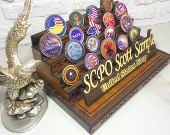Custom Engraved Wooden Display Stand: Heirloom-Quality Holder for Coins, Military Medals & Memories