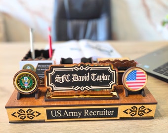 Multifunctional desk name plate for members of the US Army, Custom name plate for soldiers, Desk organizer