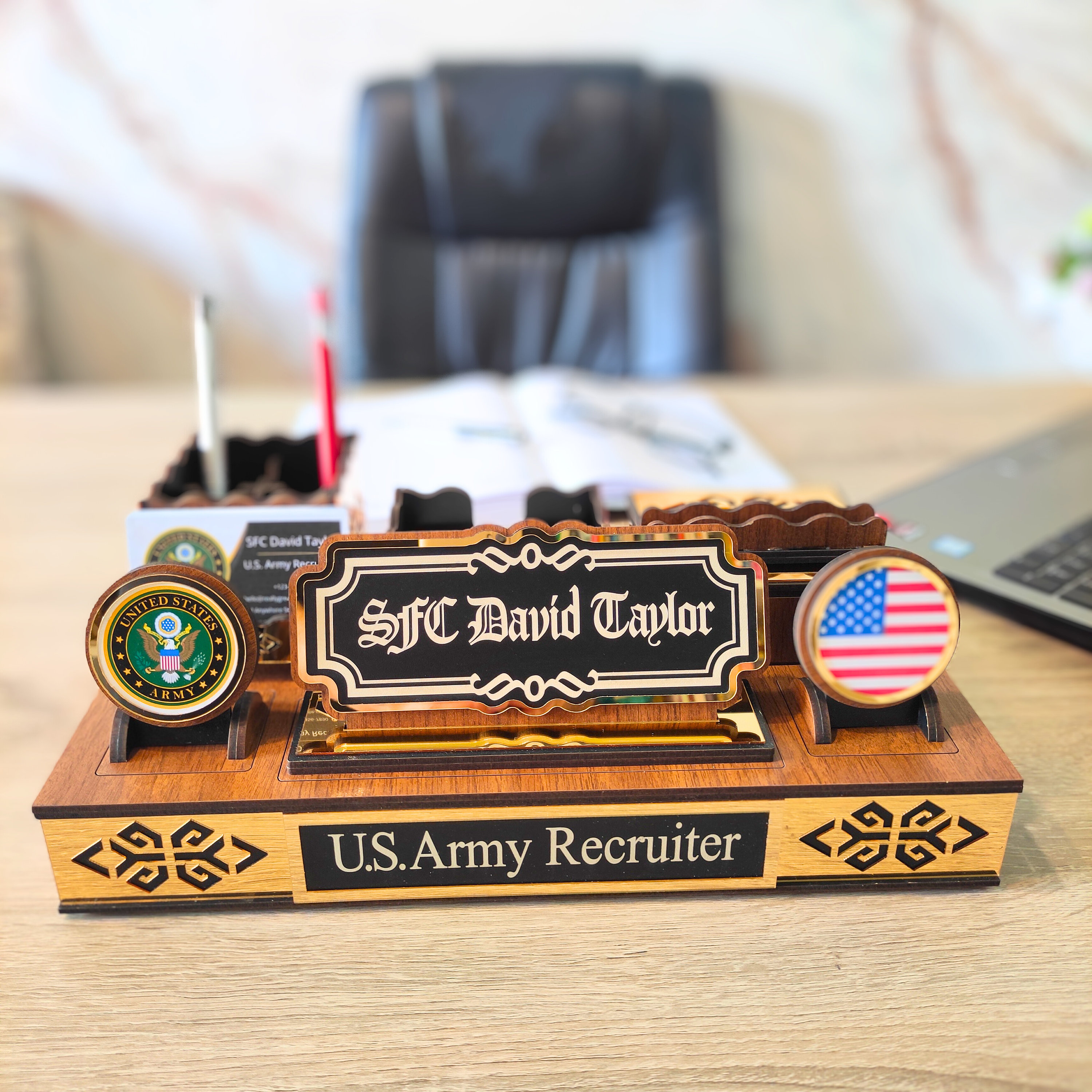 Custom Proud Veteran of the US Army usmc gifts office desk organizer,  Personalized air force office decor wooden desk organizers, Engraved  veteran air