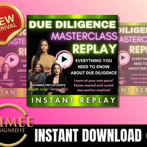 Può includere: Una grafica promozionale per un "Due Diligence Masterclass Replay". Il design presenta tre donne, il testo "Tutto ciò che devi sapere sulla due diligence" e le parole "Download istantaneo". Un adesivo "Nuovo arrivo" si trova in alto a sinistra.