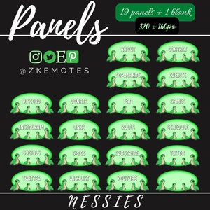 May include: A collection of 20 green and white panels for online content creators. Each panel features a Nessie illustration and text such as "About", "Contact", and "Subscribe". The panels are designed for a 320 x 160px layout.