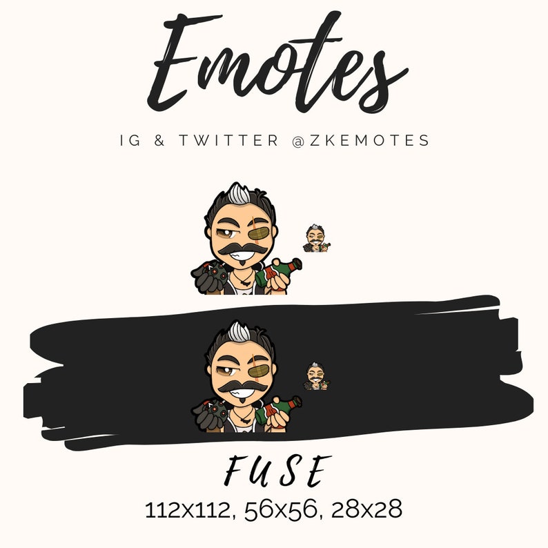 May include: A digital illustration of a cartoon character with a black eye patch, moustache, and white hair. The character is holding a bottle of alcohol and a grenade. The character is wearing a green vest and a black shirt. The text "FUSE" is below the character. The text "112x112, 56x56, 28x28" is below the text "FUSE".