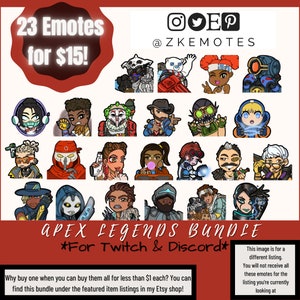 Puede incluir: Una ilustraci&oacute;n digital de 23 emotes de personajes diferentes de Apex Legends para Twitch y Discord. Los emotes est&aacute;n dispuestos en una cuadr&iacute;cula con un fondo rojo y el texto "23 Emotes for $15!" en la parte superior. El texto "APEX LEGENDS BUNDLE *For Twitch & Discord*" est&aacute; en el centro de la imagen. El texto "&iquest;Por qu&eacute; comprar uno cuando puedes comprarlos todos por menos de $ 1 cada uno? Puedes encontrar este paquete en las listas de art&iacute;culos destacados de mi tienda Etsy!" est&aacute; en la parte inferior de la imagen.